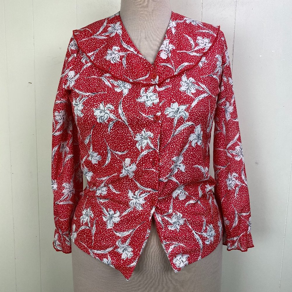 Vintage Vayola Red w/ White Florals Button Down - Picture 1 of 6